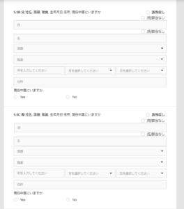 中国ビザ オンライン申請 入力例